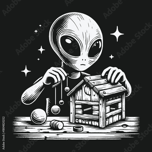 Curious grey alien examines a wooden house and a physics toy.