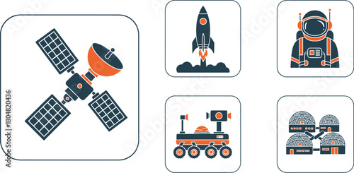 Collection of space exploration icons including a satellite, rocket, astronaut, rover, and interconnected figures.