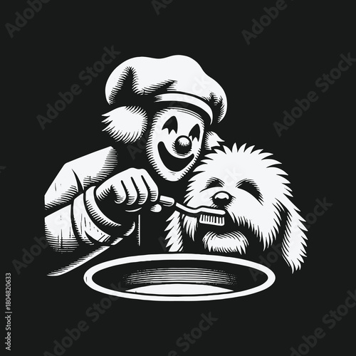 Surreal black and white illustration of a clown chef brushing a dogs teeth.