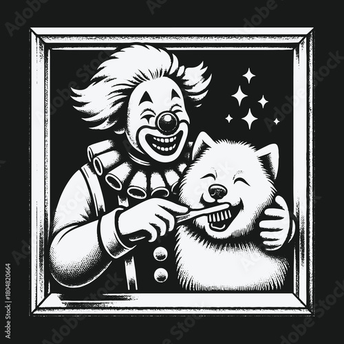 Happy Clown Brushing a Smiling Fluffy Dogs Teeth Illustration.