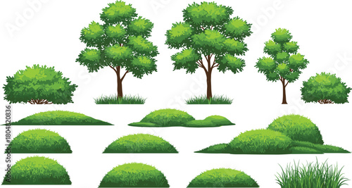 Green vegetation illustration, leafy trees, decorative bushes, grassy mounds, natural plants, landscape design, botanical artwork, vibrant foliage, environmental nature elements