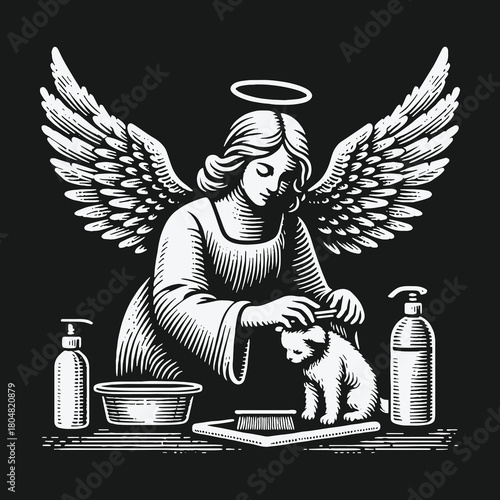 Guardian angel with wings gently grooming a small cat in a vintage woodcut style.