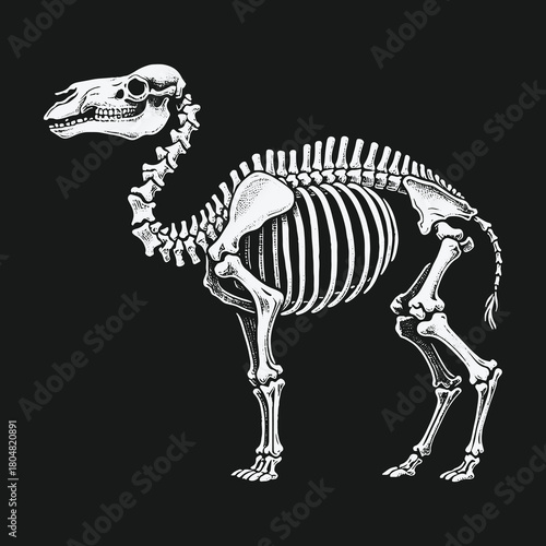 Detailed Anatomical Illustration of a Camel Skeleton on Black Background.
