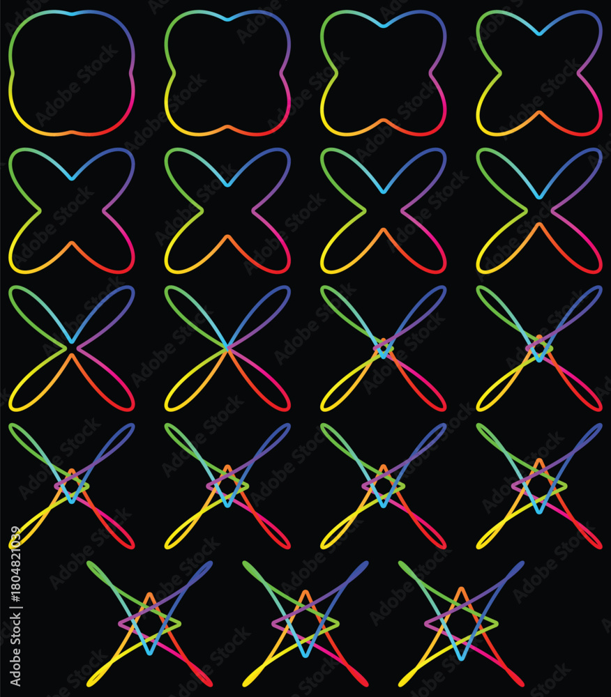 Fototapeta premium Colorful Geometric Shape Transformations with Gradient Lines on Black Background