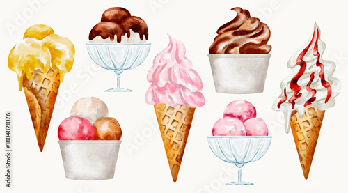 Watercolor ice cream set with chocolate, vanilla, and strawberry in a cute summer dessert illustration.
