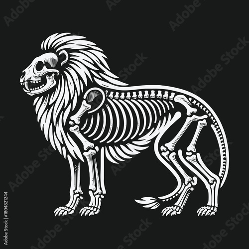Stylized Lion Skeleton Illustration with Mane on Black Background.