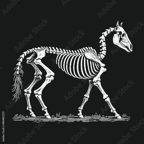 Detailed anatomical illustration of a walking horse skeleton.