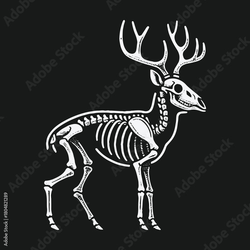 Stylized white line illustration of a deer skeleton on a black background.
