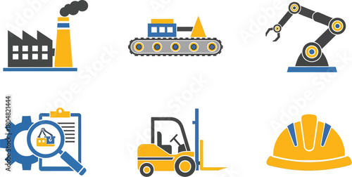 Modern industrial icons representing manufacturing, construction, and automation.