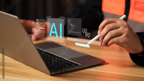 Industrial technology concept showing engineer using digital pen and laptop with AI interface. Smart manufacturing, automation, and artificial intelligence innovation for modern industry background.