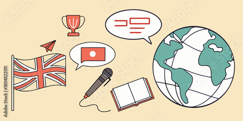Learn English, explore the world! Globe, flag, mic, book, trophy and paper plane convey travel, education, and success in a fun, modern way