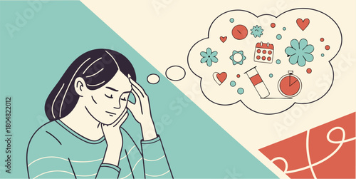 Woman Contemplating Life Events, Planning Goals, or Reflecting on Time, Featuring Calendar, Clock, and Heart Icons in a Stylized Thought Bubble