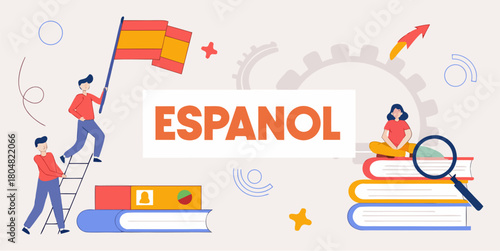 Learn Spanish with fun illustrations featuring students, books, and the Spanish flag, perfect for education, language learning, and cultural studies resources