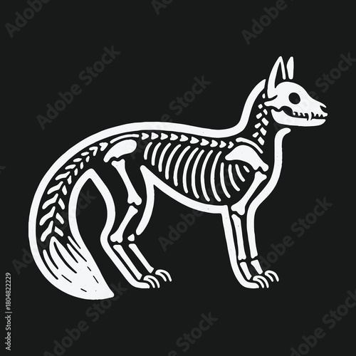 Stylized white fox skeleton illustration on a solid black background.