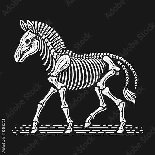 Stylized walking zebra skeleton vector illustration on dark background.