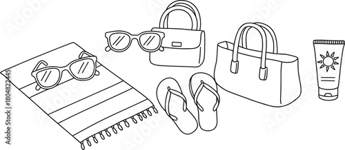 PrintBeach vacation essentials illustration featuring sunglasses, flip-flops, bags, towel, and sunscreen drawn in simple clean minimal line art style