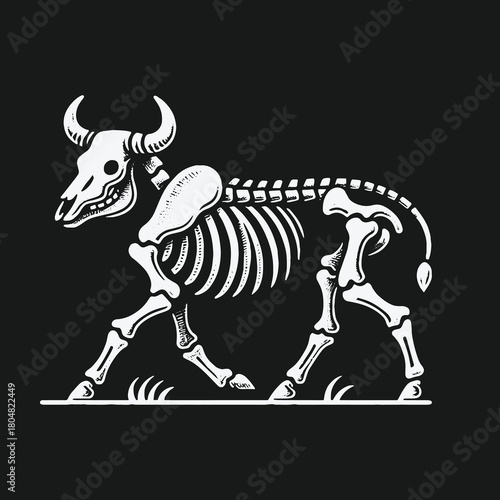 Walking bull skeleton vector illustration on a dark background.