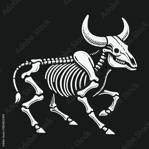Monochrome graphic illustration of a walking bull skeleton.