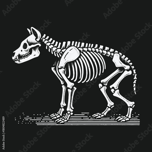 Monochrome vintage scientific illustration of a dog skeleton.