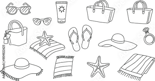 PrintBeach vacation essentials outline icons collection, including hats, bags, sunglasses, towels, flip flops, sunscreen, starfish, drawn in minimalist summer style