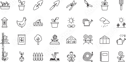 Garden Tools and Gardening Icons Simple Outline Style Set Vector