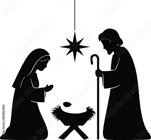 Peaceful Nativity scene silhouette with star and manger under a radiant light.