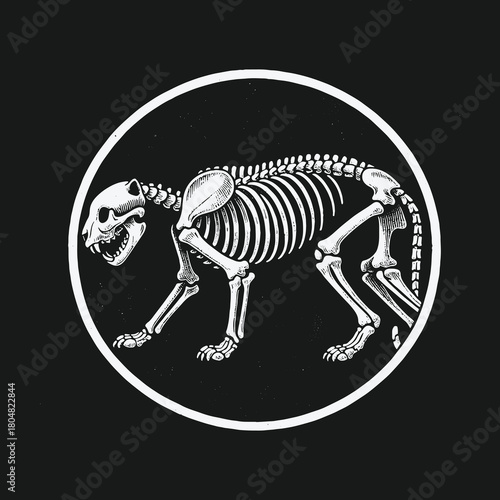 Anatomical illustration of a walking panther skeleton inside a circle.