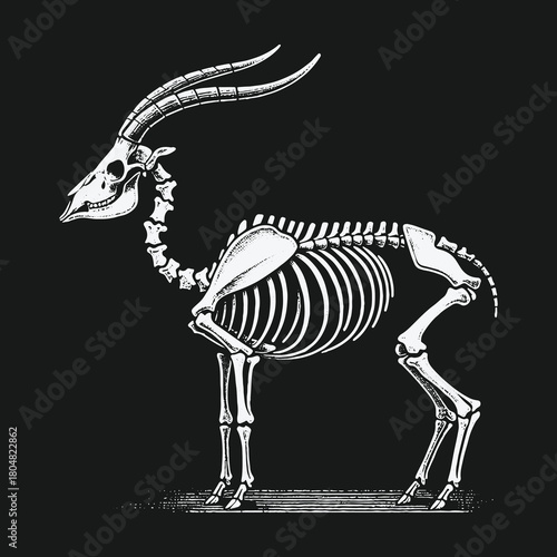 Vintage anatomical illustration of a gazelle skeleton side view on a black background.