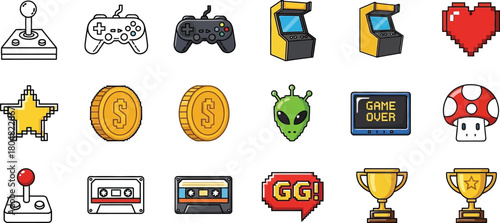 Retro gaming icons featuring joysticks, arcade machines, coins, and trophies