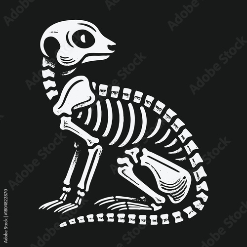 Stylized white skeleton illustration of a sitting meerkat on a black background.