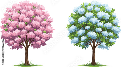Pink blossom tree, blue flowering tree, ornamental plants, seasonal blossoms, colorful foliage, landscape design, decorative garden, natural greenery, botanical artwork, stylized illustration
