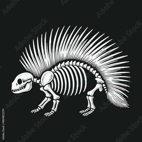Stylized white porcupine skeleton illustration on a black background.
