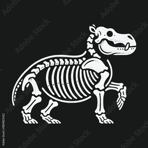 Stylized white hippopotamus skeleton walking on a black background.