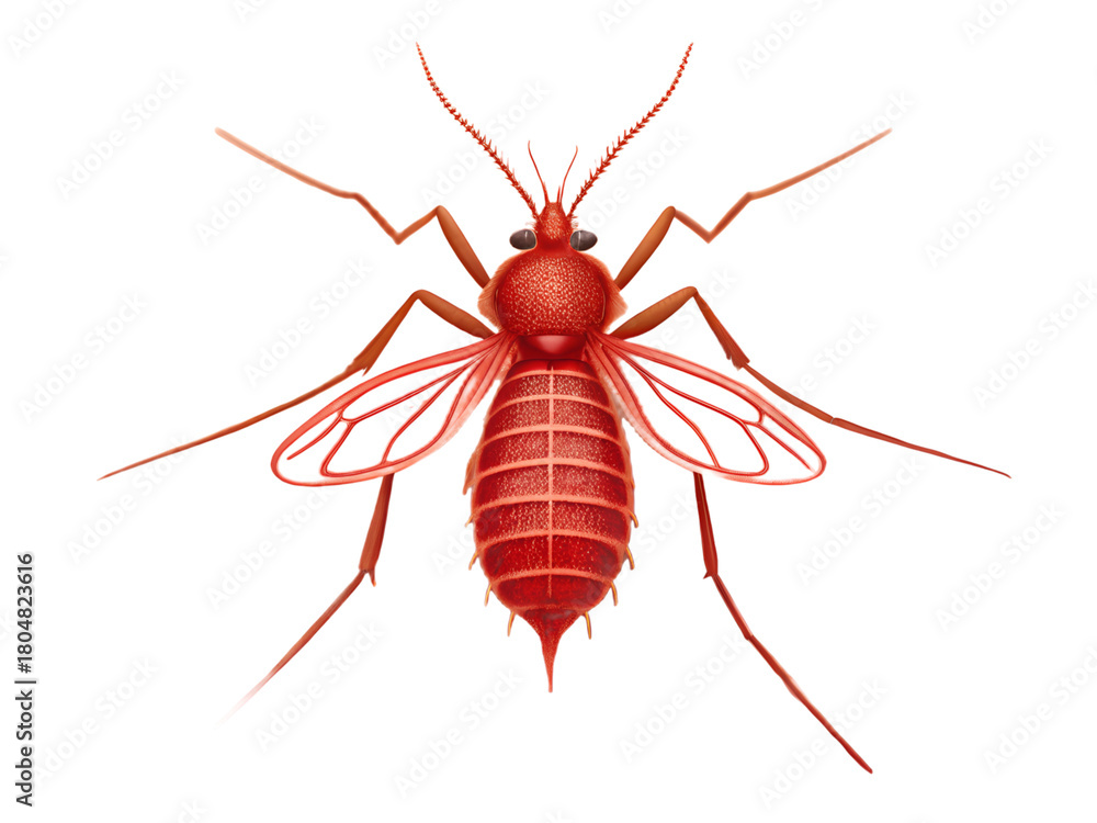Fototapeta premium Red midge isolated on transparent background, small fly with long legs and wings