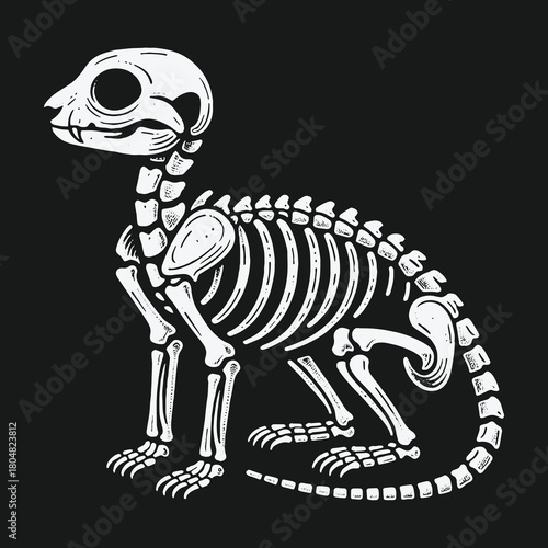 Hand drawn cat skeleton illustration on a solid black background.