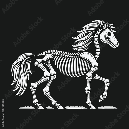 Monochrome illustration of a walking horse skeleton with a flowing mane on a dark background.