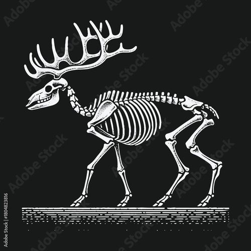 Detailed anatomical illustration of a walking moose skeleton on a black background.