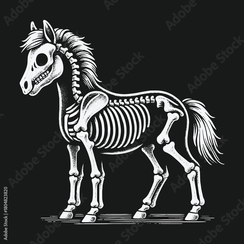 Stylized Horse Skeleton Illustration on Black Background.