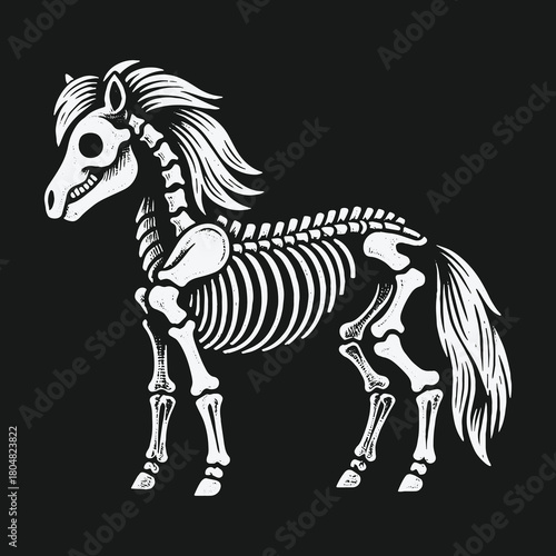 Monochrome vector illustration of a cartoon horse skeleton.