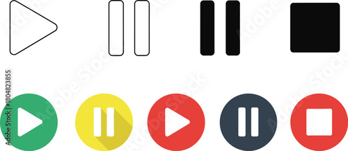 Collection of colorful and outline media playback buttons for digital interfaces.