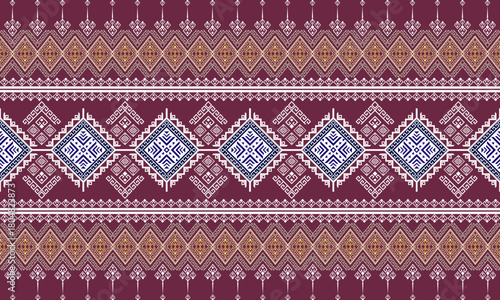 Seamless ethnic geometric pattern background. Traditional Thai silk or Hmong embroidery style. Dark purple and white ikat texture. Abstract tribal diamond ornament for textile, sarong fabric design