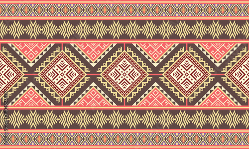 Ethnic tribal geometric seamless border pattern vector design for fabric textile fashion, traditional folk ancient ikat carpet background wallpaper or bohemian interior decoration