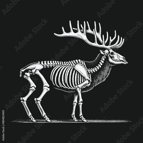 Vintage anatomical illustration of a male elk skeleton with large antlers on a black background.