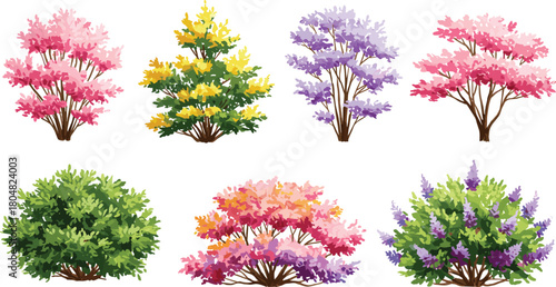 Pink blossom trees, yellow flowering shrub, purple bush, green foliage, multicolor blossoms, ornamental plants, seasonal garden, landscape design, decorative nature, botanical illustration