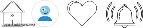 Simple Line Icons: House, Person, Heart, Bell on White