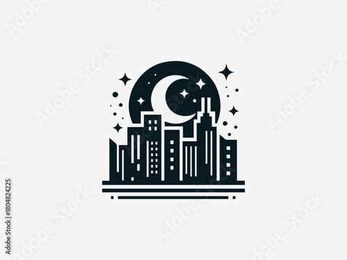 Night city skyline formed with clean bold shapes illustrated in modern black vector logo design