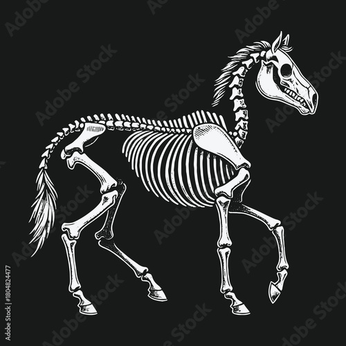 Detailed anatomical illustration of a horse skeleton walking on a black background.