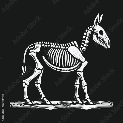 Vintage anatomical illustration of a donkey skeleton standing.