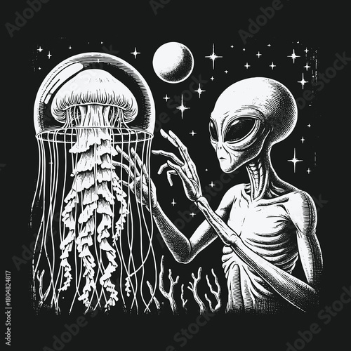 Cosmic encounter between a grey alien and a giant jellyfish in outer space.