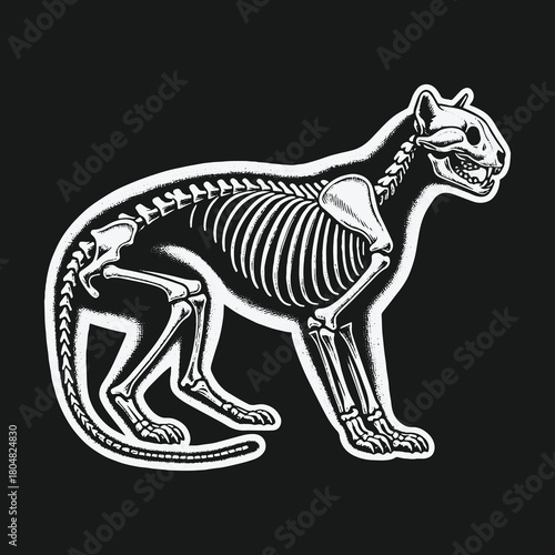 Stylized Panther Skeleton X-Ray Illustration on Black Background.